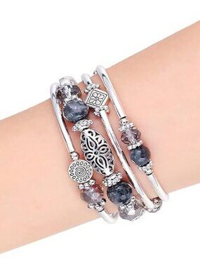 Boho Stackable Beaded Wrap Bracelet for Women | Layered Silver Fashion Jewelry